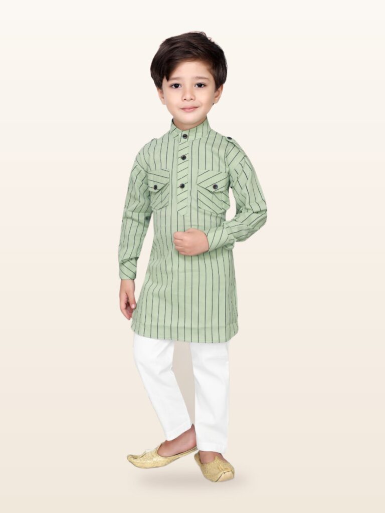 Boys Cotton Kurta Pajama Set - Green Stripes