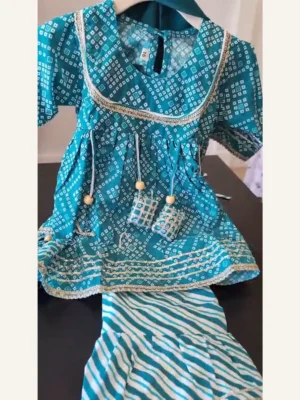 Baby Girls Teal Bandhani Potli Sharara Set – Organic Cotton