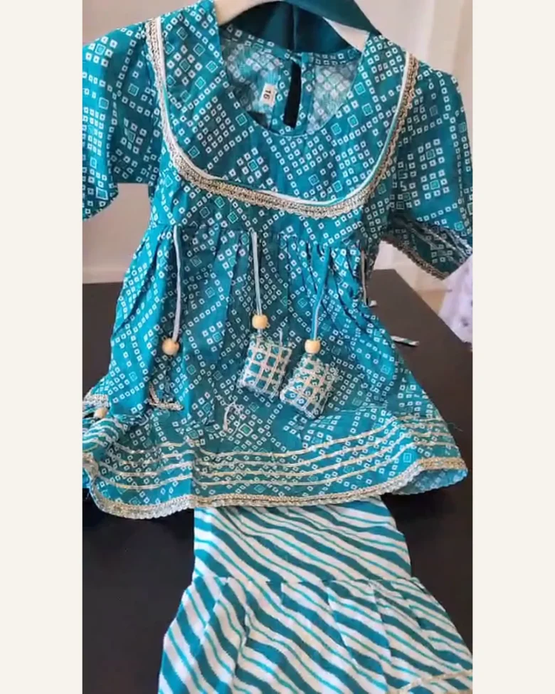 Baby Girls Teal Bandhani Potli Sharara Set – Organic Cotton
