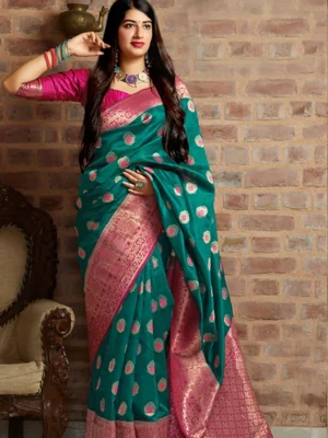 Banarasi Silk Saree - Green & Pink