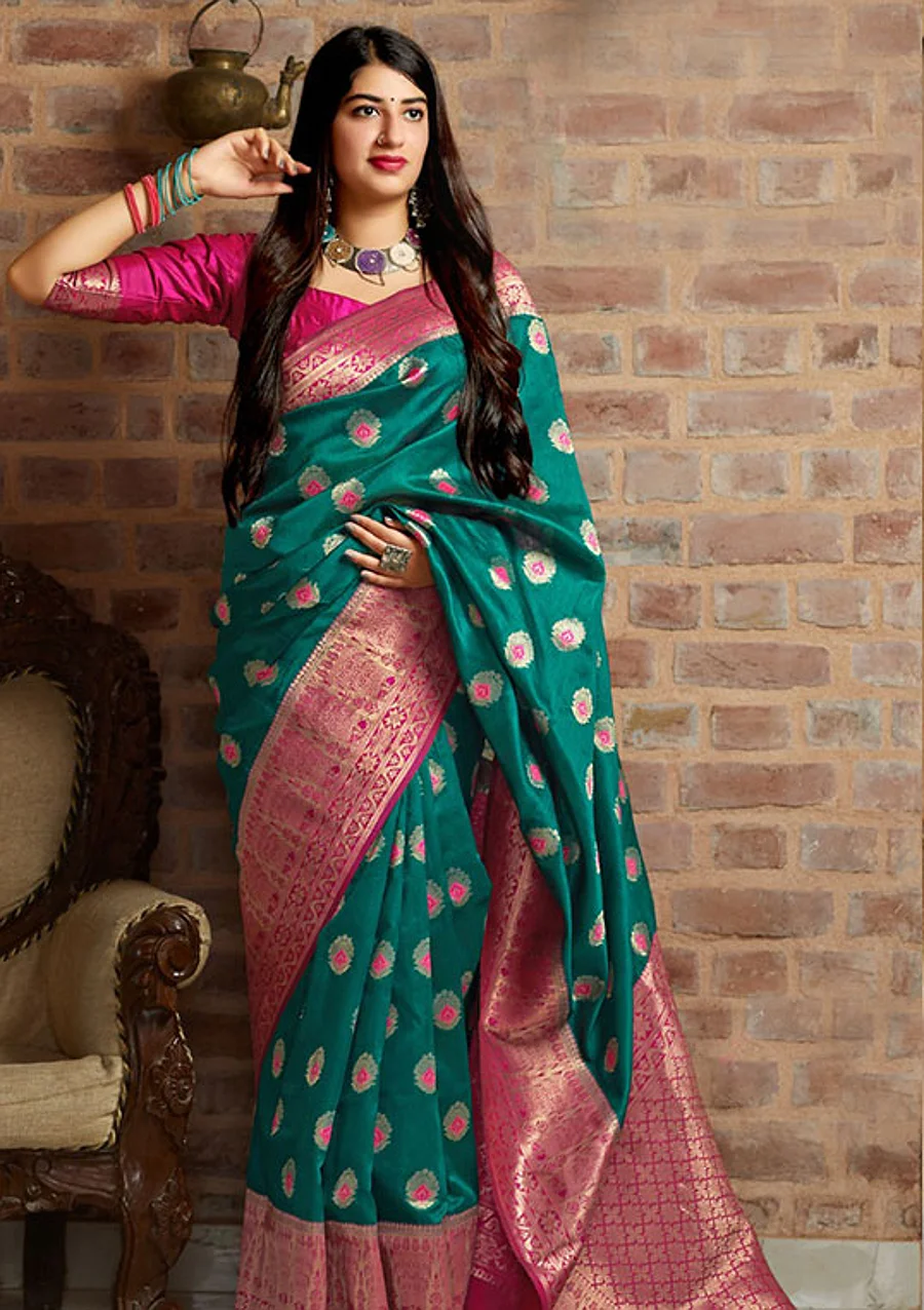 Banarasi Silk Saree - Green & Pink