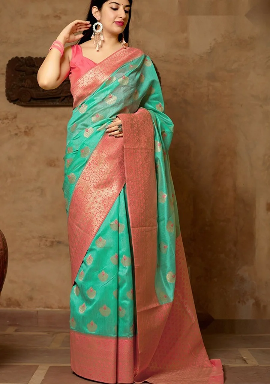 Banarasi Silk Saree - Green with Pink Blouse