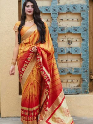 Banarasi Silk Saree - Mustard & Red