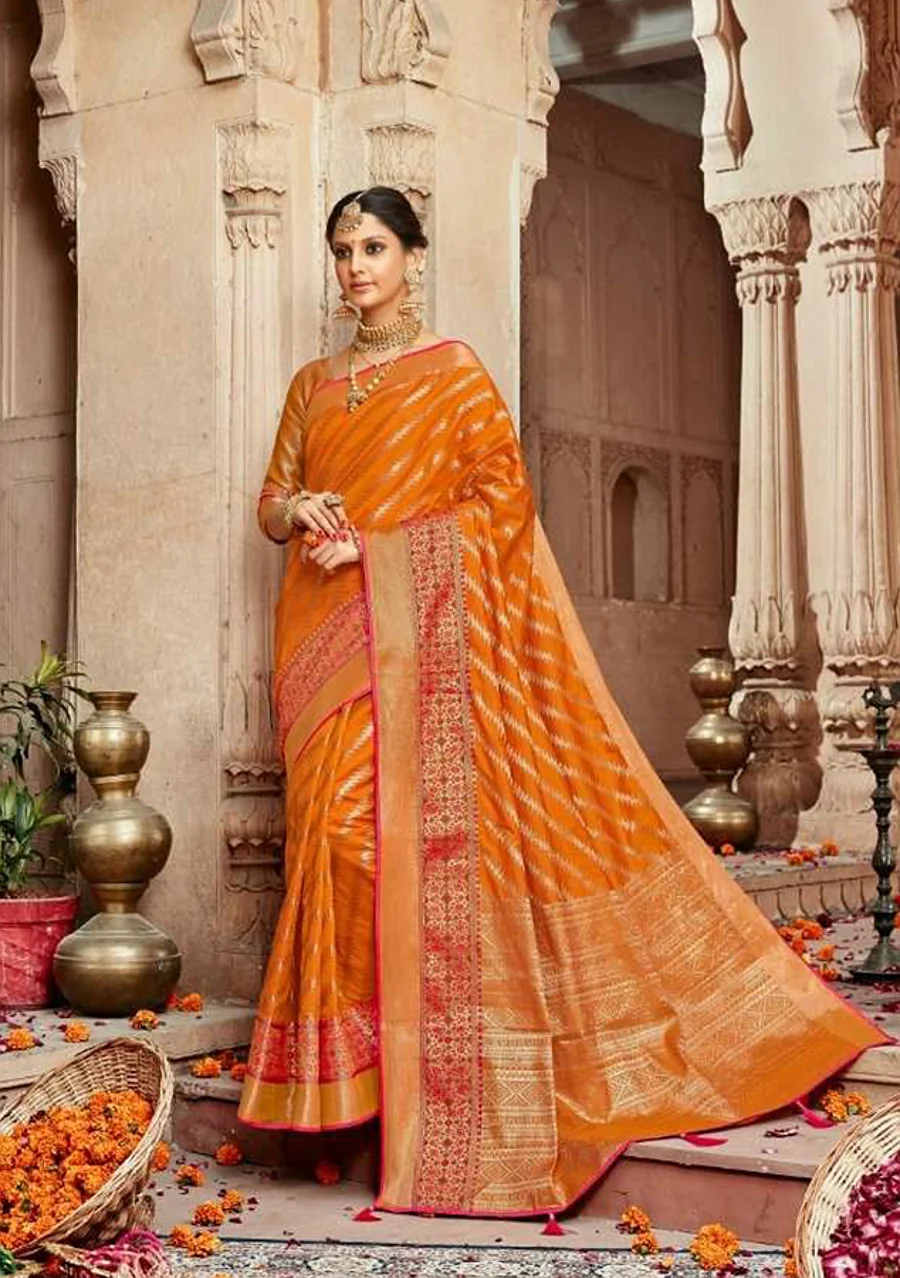 Banarasi Silk Saree - Orange Lehariya