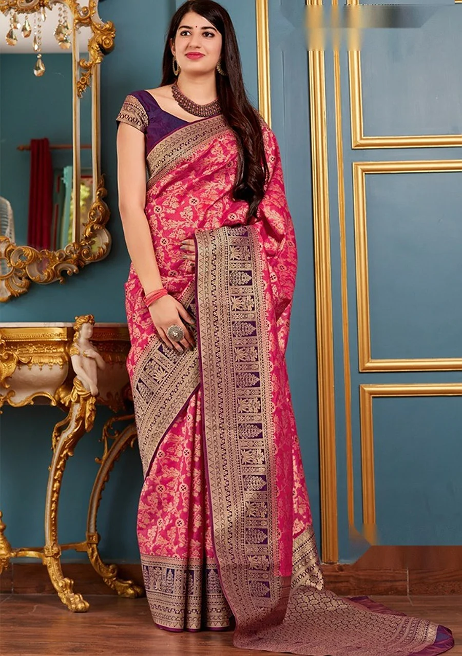 Banarasi Silk Saree - Pink with Purple Blouse