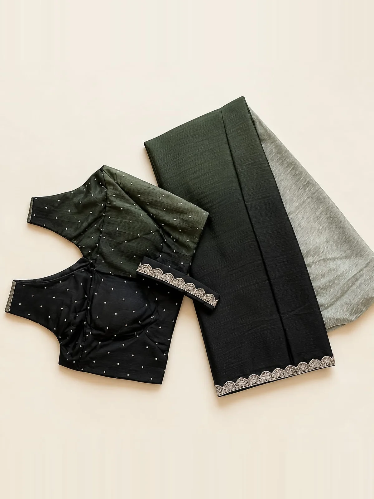 Chinon Double Shade Ready-to-Wear Saree – Dark Green & Sage
