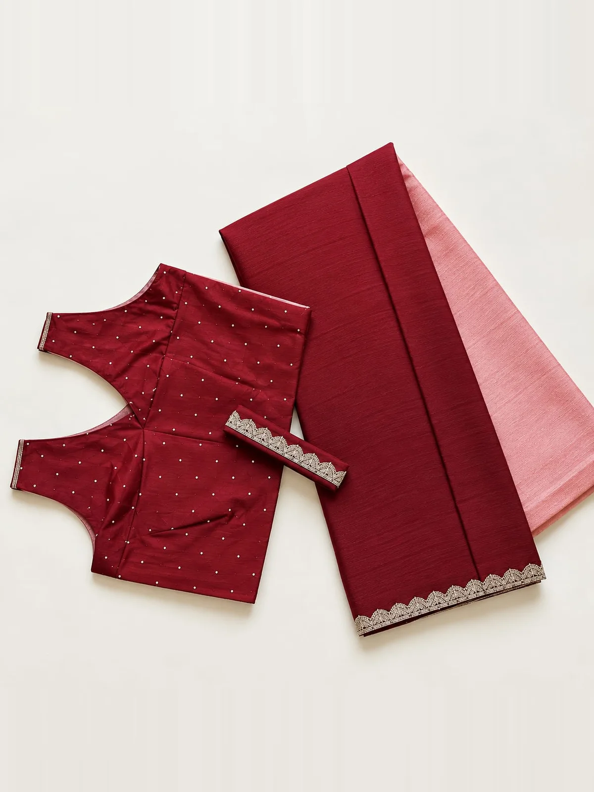 Chinon Double Shade Ready-to-Wear Saree – Maroon & Blush Pink