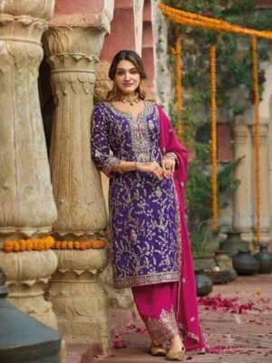 Chinon Embroidered Suit - Purple & Pink