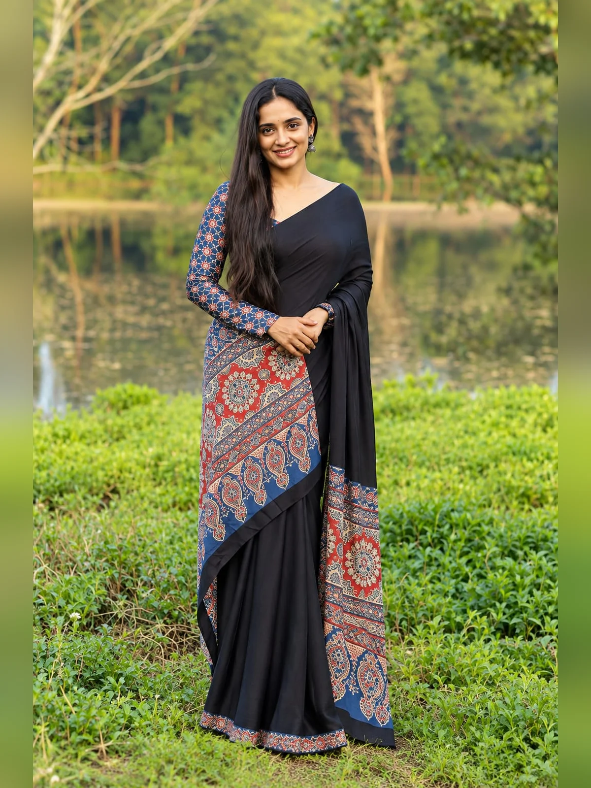 Crepe Ready-to-Wear Saree – Black with Red & Blue Print