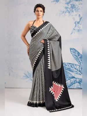 Crepe Ready-to-Wear Saree – Black & White Stripe
