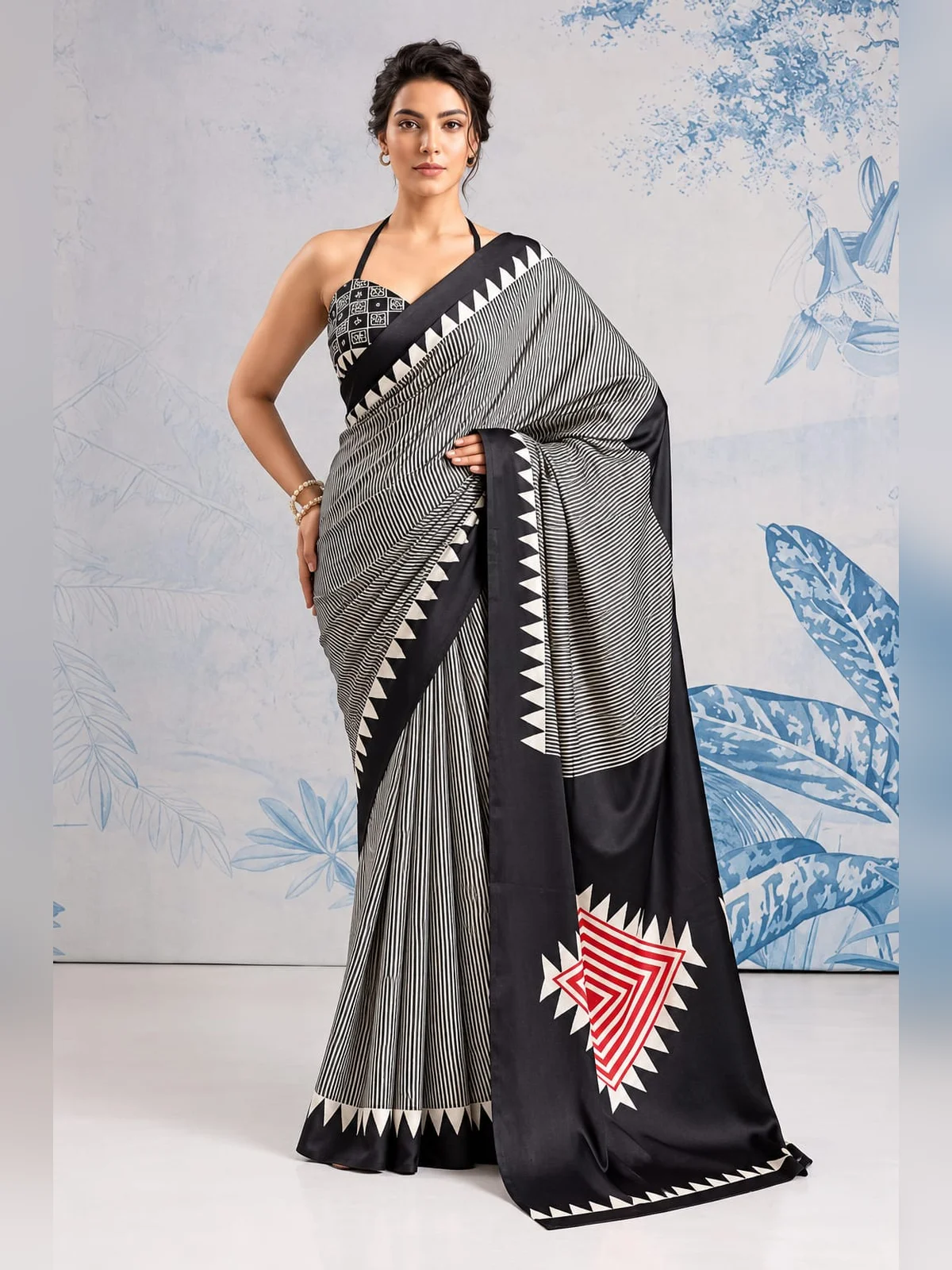 Crepe Ready-to-Wear Saree – Black & White Stripe