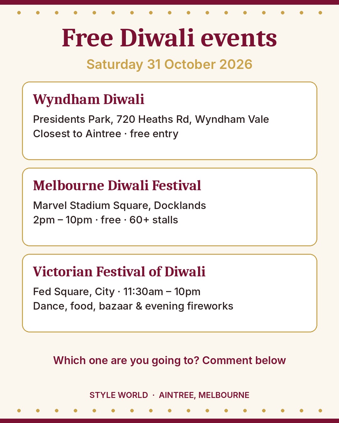 Free Diwali events in Melbourne on Saturday 31 October 2026: Wyndham Diwali, Melbourne Diwali Festival at Marvel Stadium Square and Fed Square