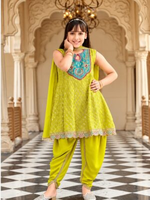 Girls Chinon Embroidered Dhoti Suit - Lime Green