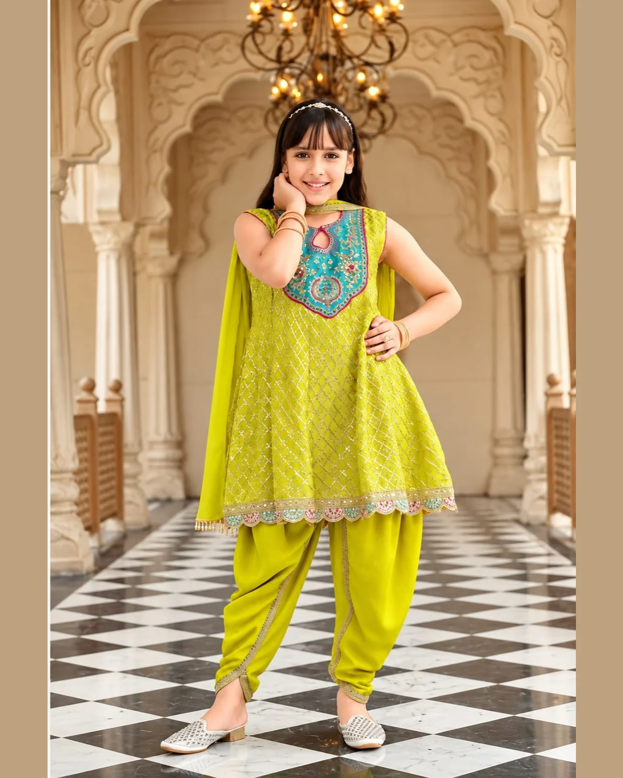 Girls Chinon Embroidered Dhoti Suit - Lime Green