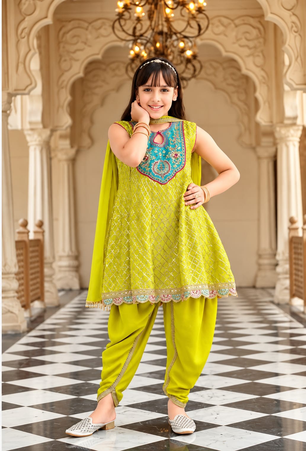 Girls Chinon Embroidered Dhoti Suit - Lime Green