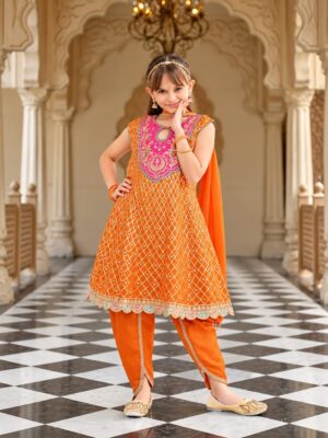 Girls Chinon Embroidered Dhoti Suit - Orange