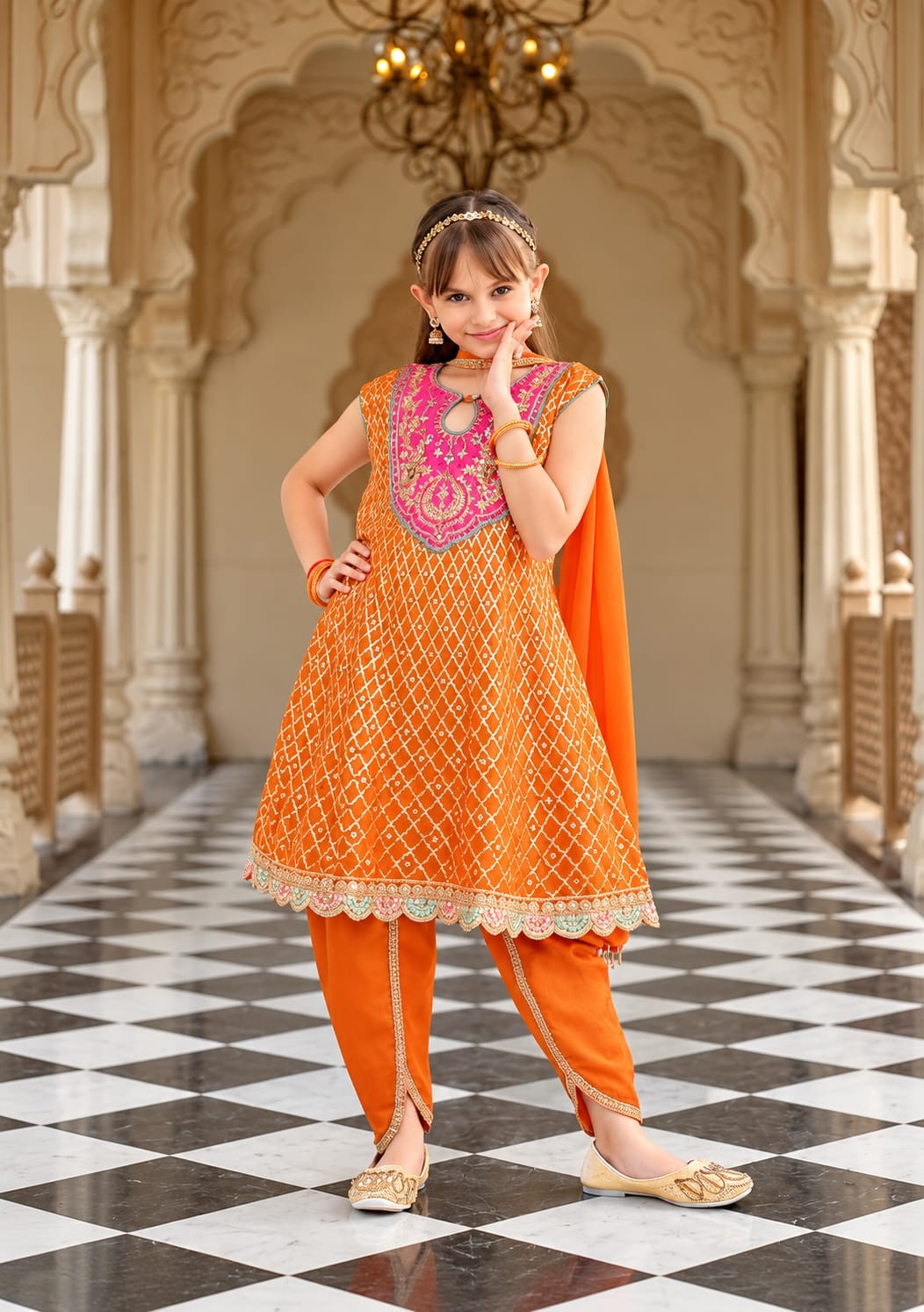Girls Chinon Embroidered Dhoti Suit - Orange