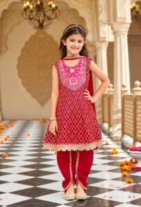 Girls Chinon Embroidered Dhoti Suit - Red