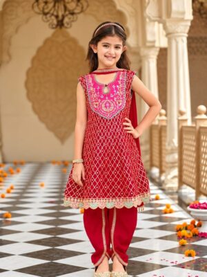Girls Chinon Embroidered Dhoti Suit - Red