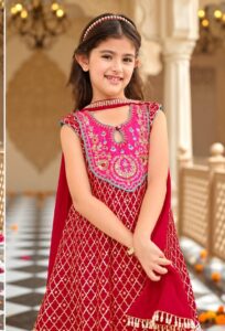 Girls Chinon Embroidered Dhoti Suit - Red
