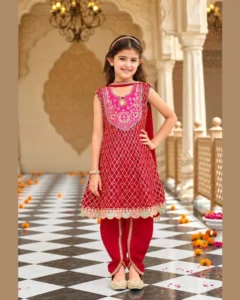 Girls Chinon Embroidered Dhoti Suit - Red