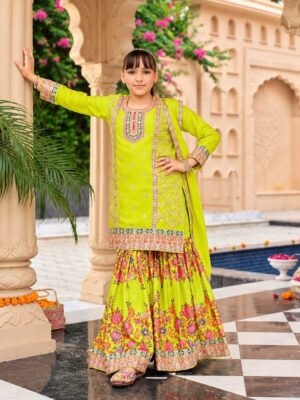 Girls Chinon Embroidered Sharara Suit - Lime Green