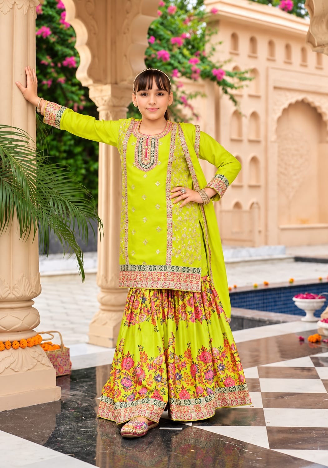 Girls Chinon Embroidered Sharara Suit - Lime Green