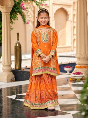 Girls Chinon Embroidered Sharara Suit - Orange