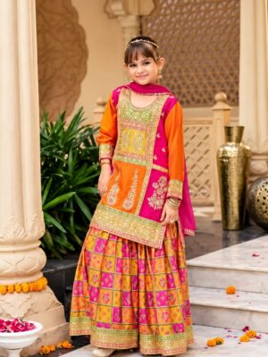 Girls Chinon Embroidered Sharara Suit - Orange & Pink