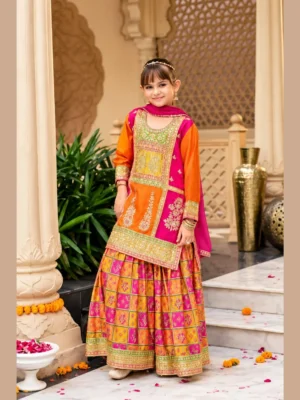 Girls Chinon Embroidered Sharara Suit - Orange & Pink