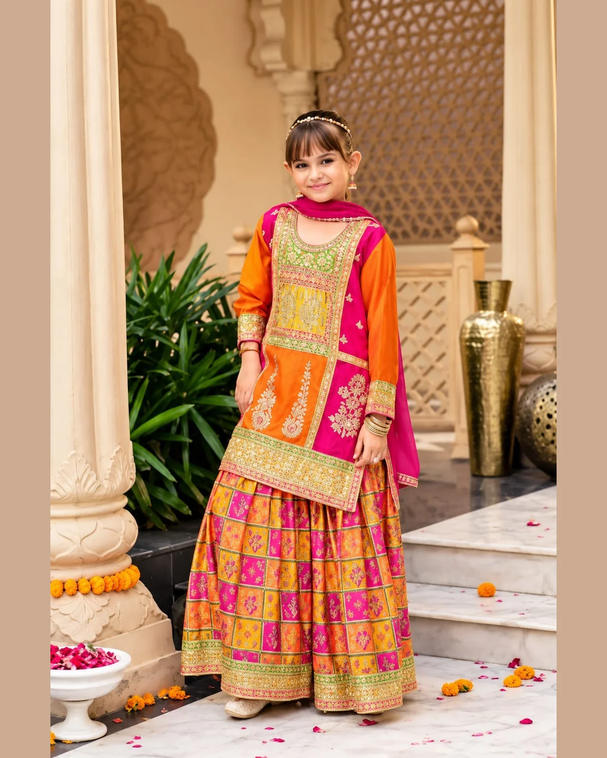 Girls Chinon Embroidered Sharara Suit - Orange & Pink