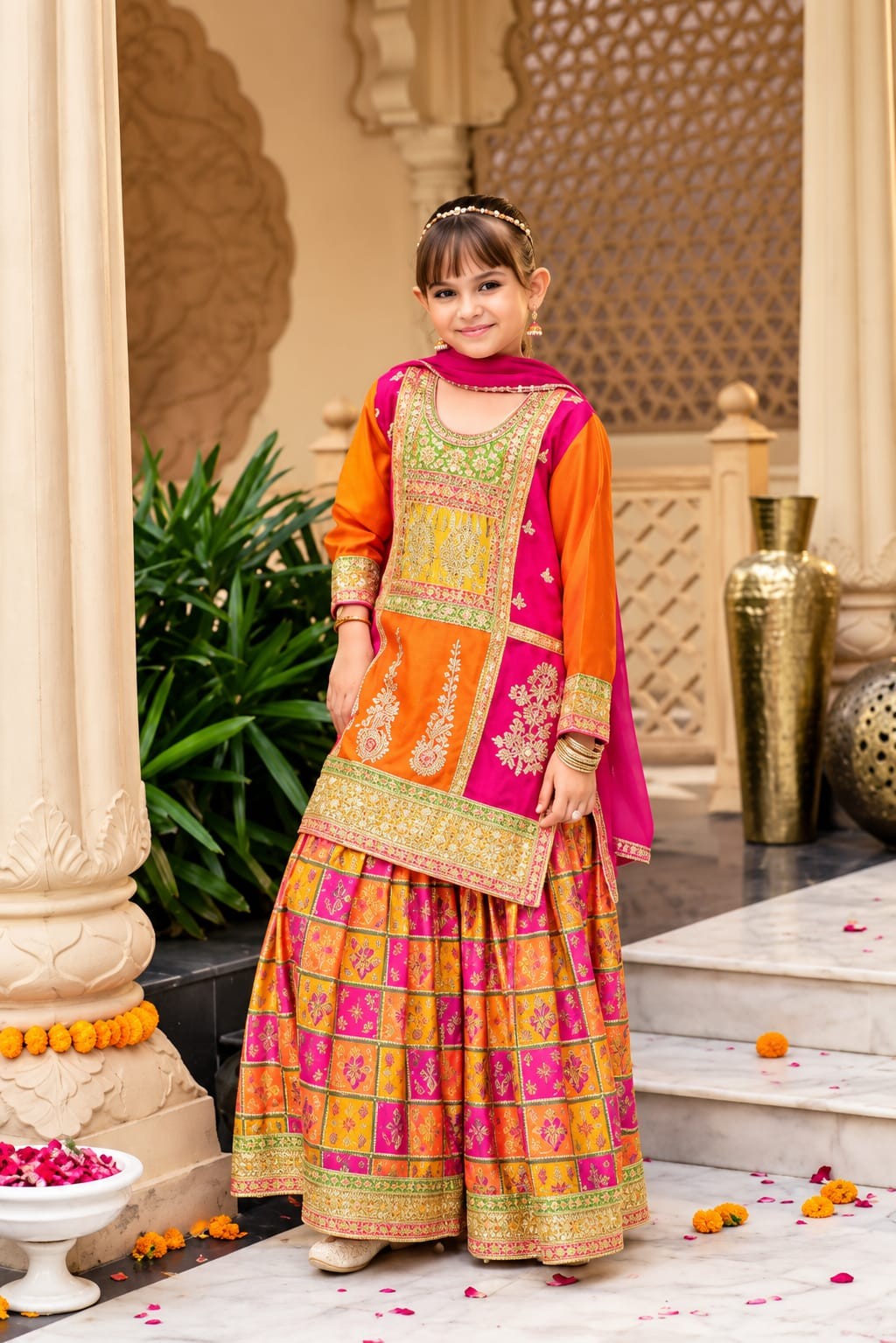 Girls Chinon Embroidered Sharara Suit - Orange & Pink