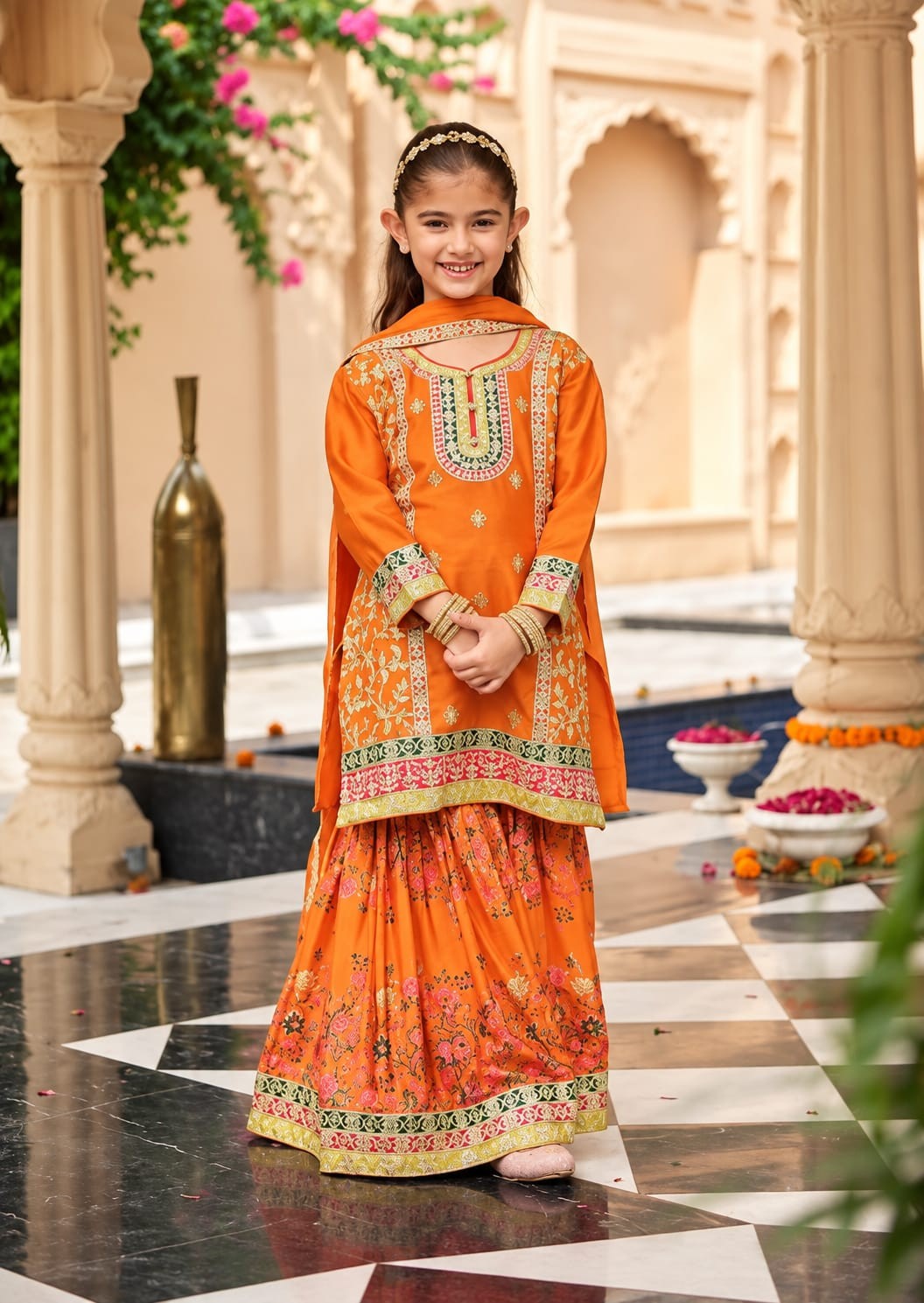 Girls Chinon Embroidered Sharara Suit - Orange