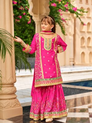 Girls Chinon Embroidered Sharara Suit - Pink