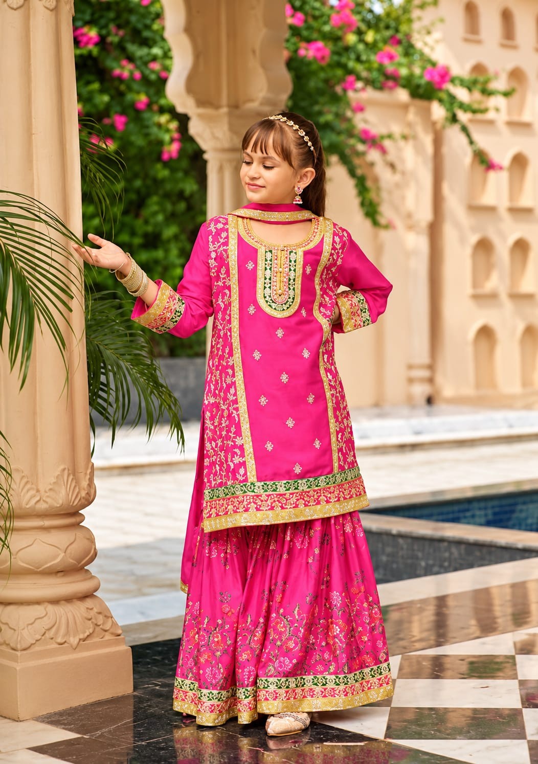 Girls Chinon Embroidered Sharara Suit - Pink