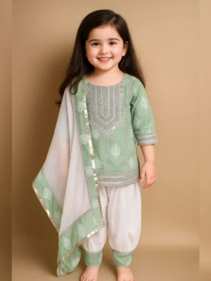 Girls organic cotton embroidered suit mint green