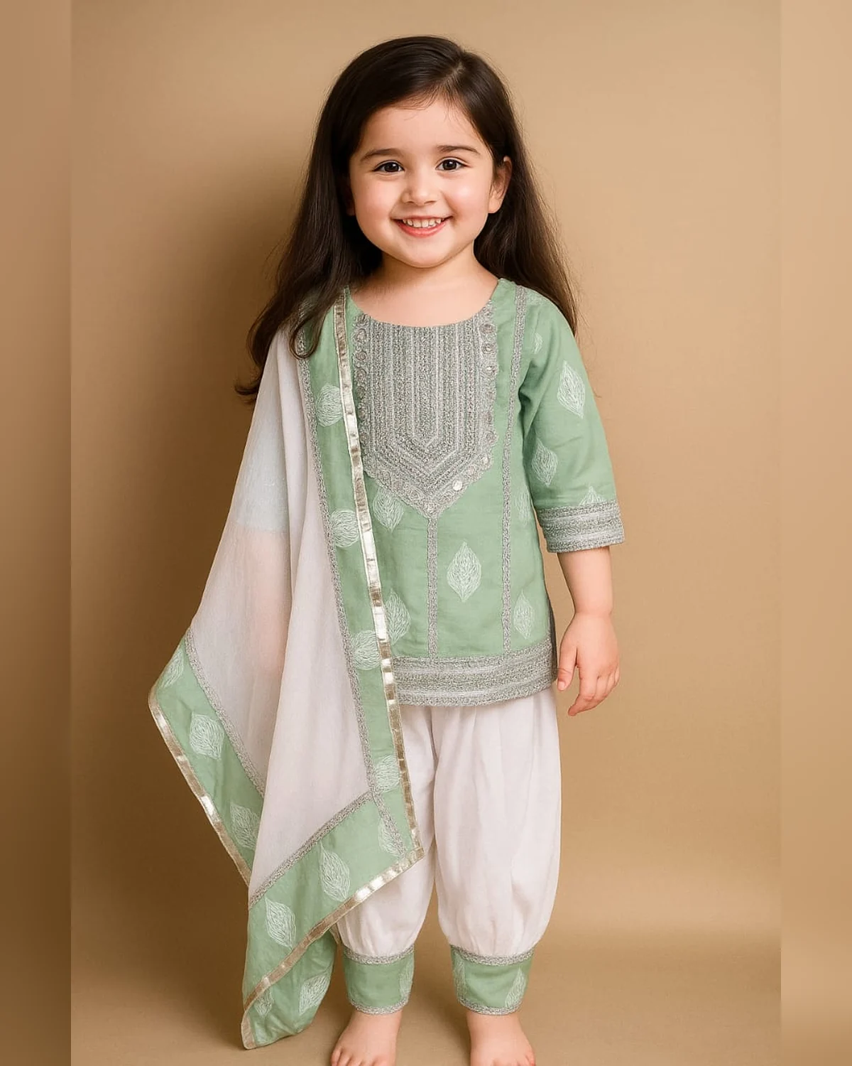 Girls organic cotton embroidered suit mint green