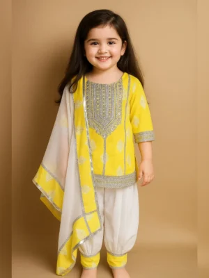 Girls organic cotton embroidered suit yellow