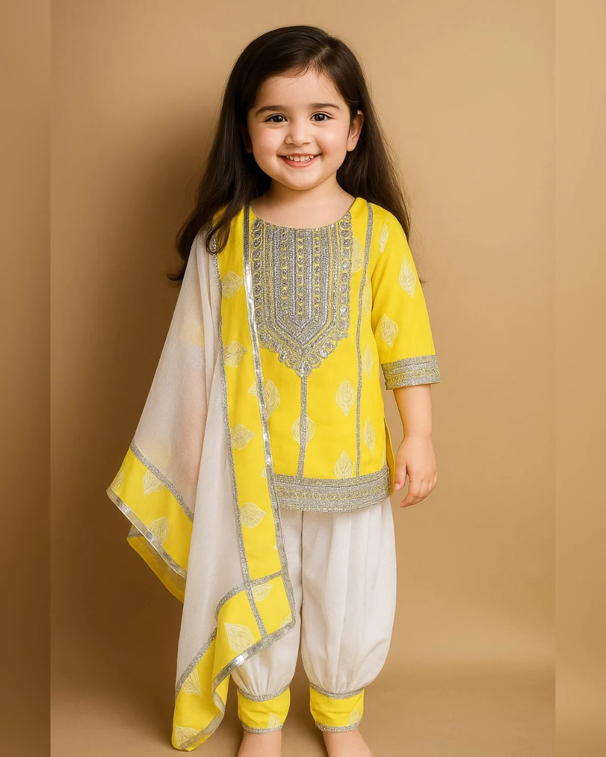 Girls organic cotton embroidered suit yellow