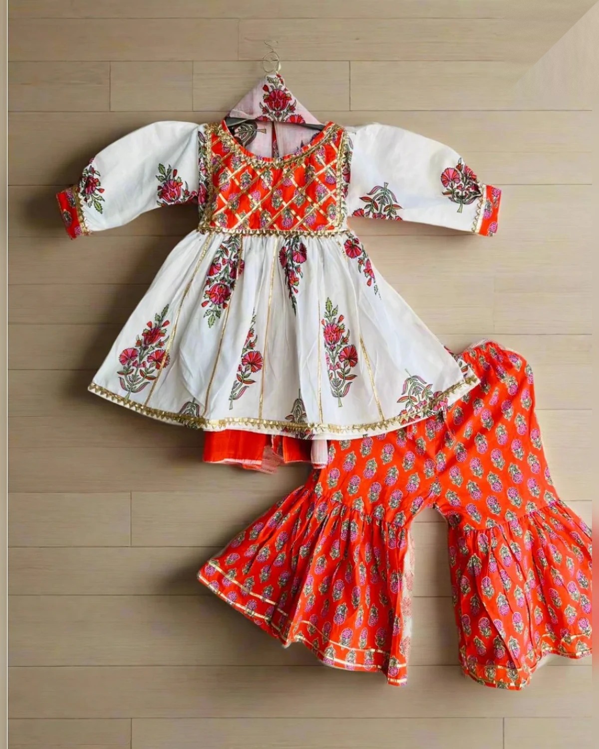 Girls Organic Cotton Gotta Patti Floral Peplum Sharara Set - White & Coral