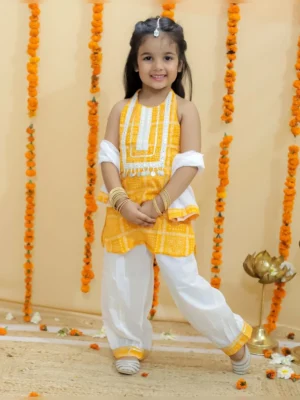Girls organic cotton gotta patti halter kurti set mustard white