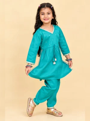 Girls organic cotton gotta patti kurti set aqua