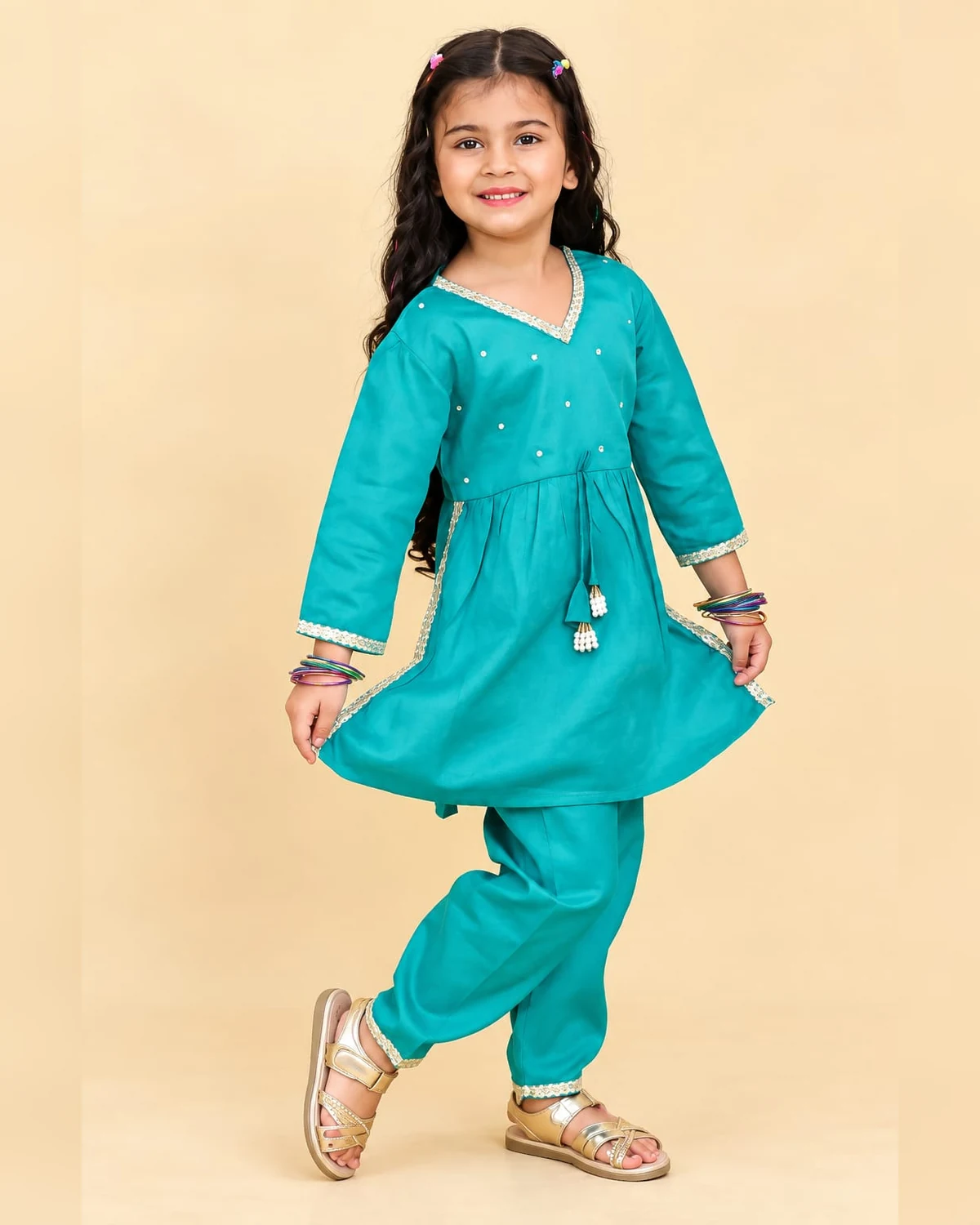 Girls organic cotton gotta patti kurti set aqua