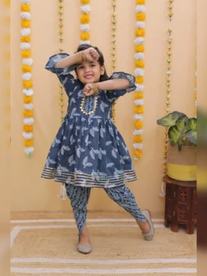 Girls organic cotton gotta patti kurti set slate blue
