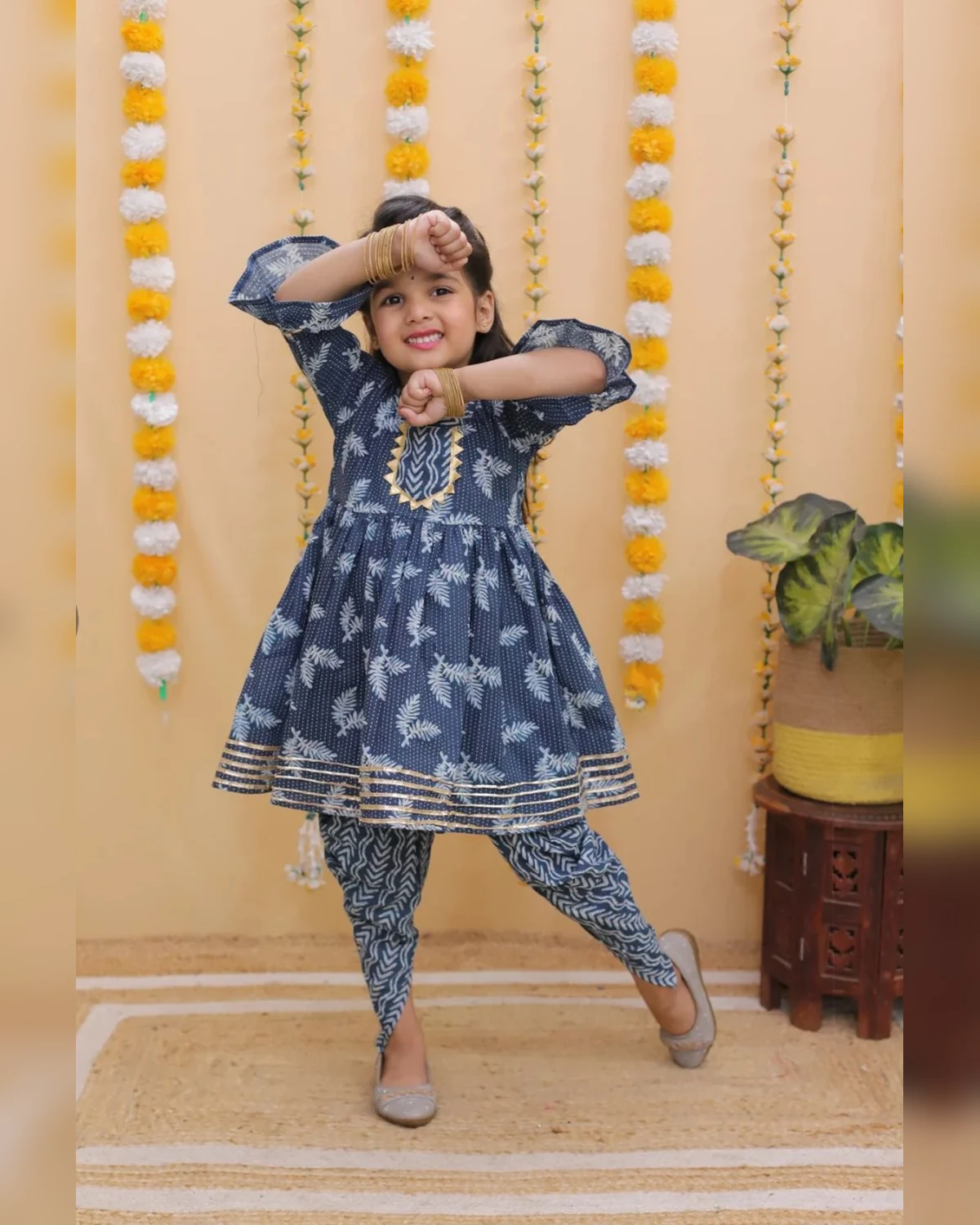 Girls organic cotton gotta patti kurti set slate blue