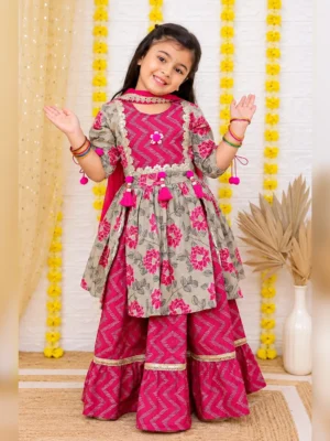 Girls organic cotton gotta patti peplum sharara grey fuchsia