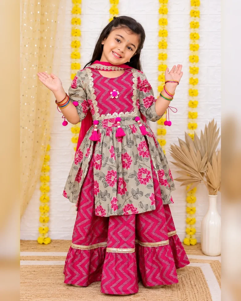 Girls organic cotton gotta patti peplum sharara grey fuchsia
