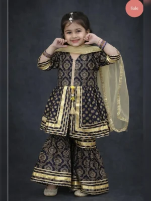 Girls organic cotton gotta patti peplum sharara navy gold