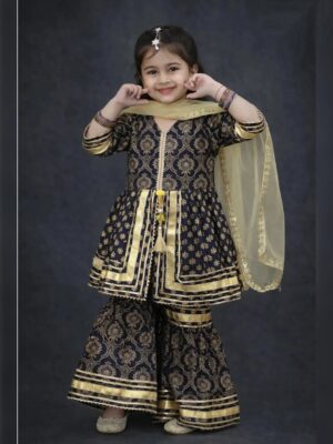 Girls Organic Cotton Gotta Patti Peplum Sharara Set - Navy & Gold