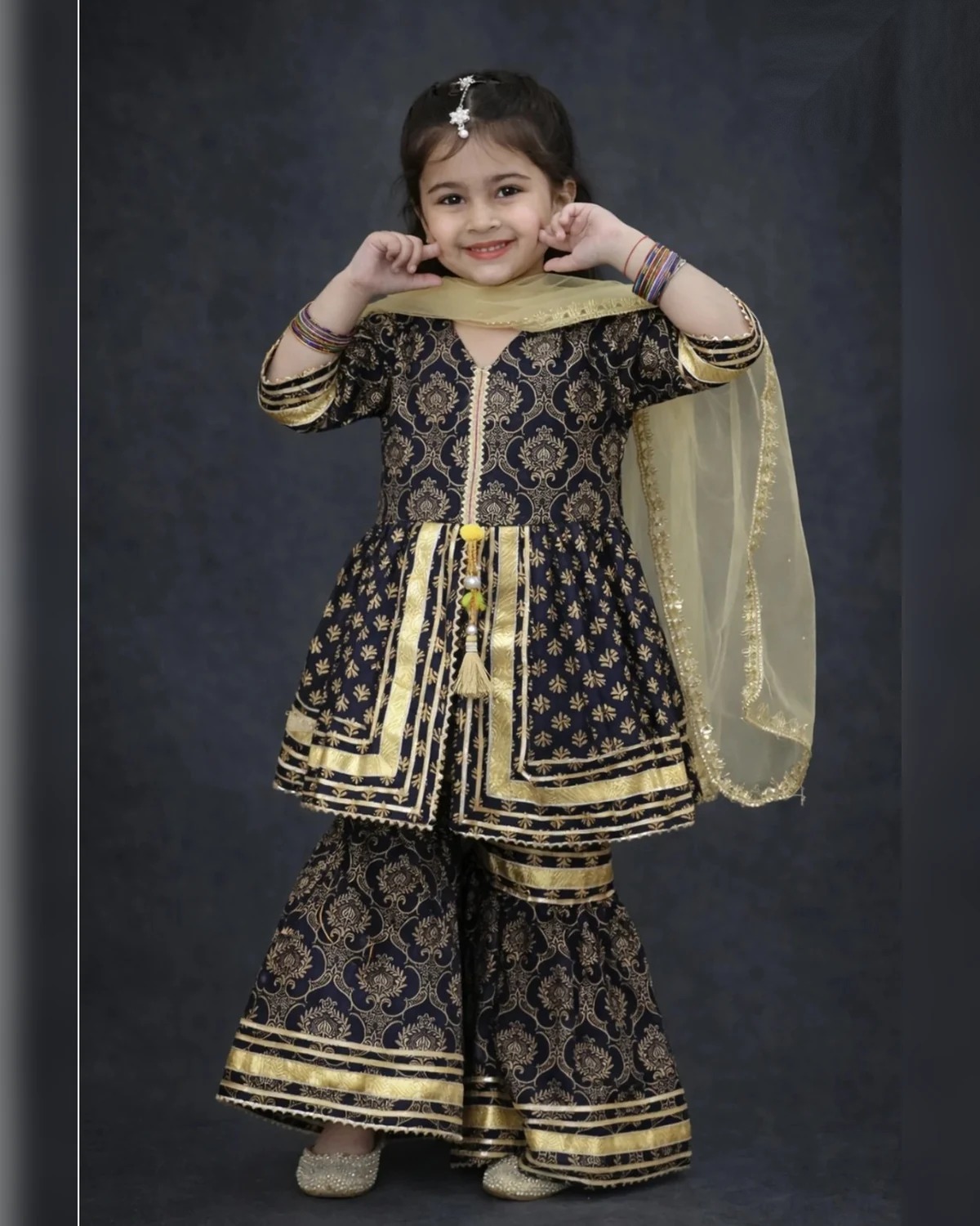 Girls Organic Cotton Gotta Patti Peplum Sharara Set - Navy & Gold